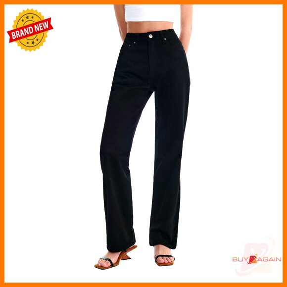 Denim - High Waisted Straight Leg Stretch Denim Jeans Wide Leg Casual Fit